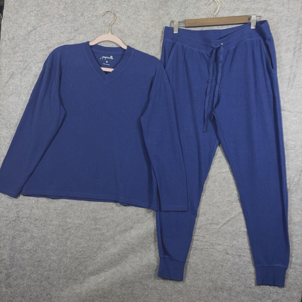 Papinelle Pajama Set Womens Sz M Cobalt Blue Knit Pockets Stretch Lounge Comfort